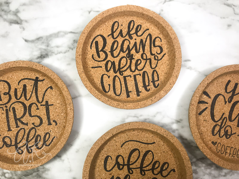 hand lettered cork coasters