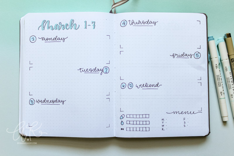 minimalistic horizontal boxes weekly layout for bujo