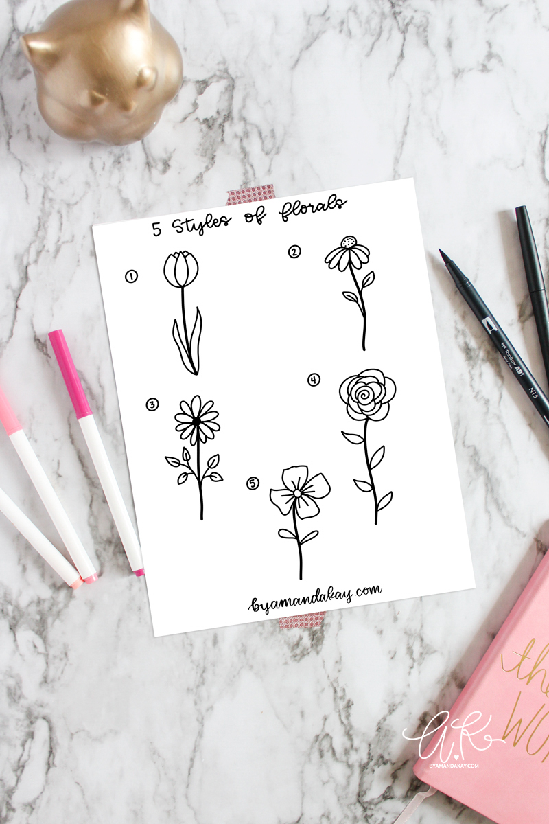Paper on marble desk mockup with 5 styles of floral doodles