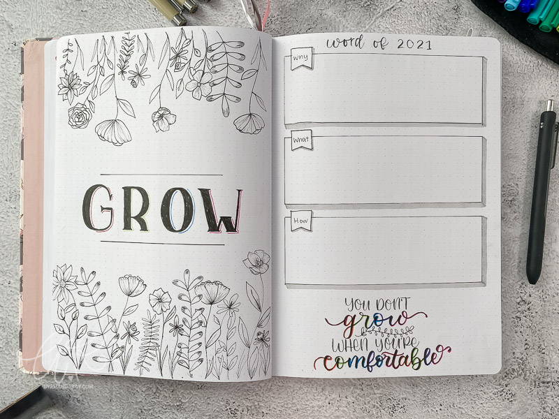 2021 bullet journal word of the year grow
